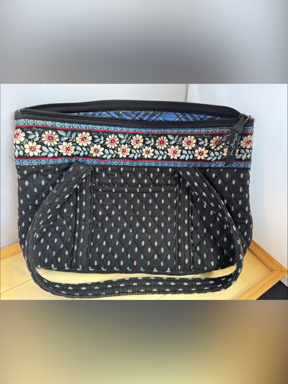 Vera Bradley Black Quilted Shoulder Bag with Floral Ribbon Trim